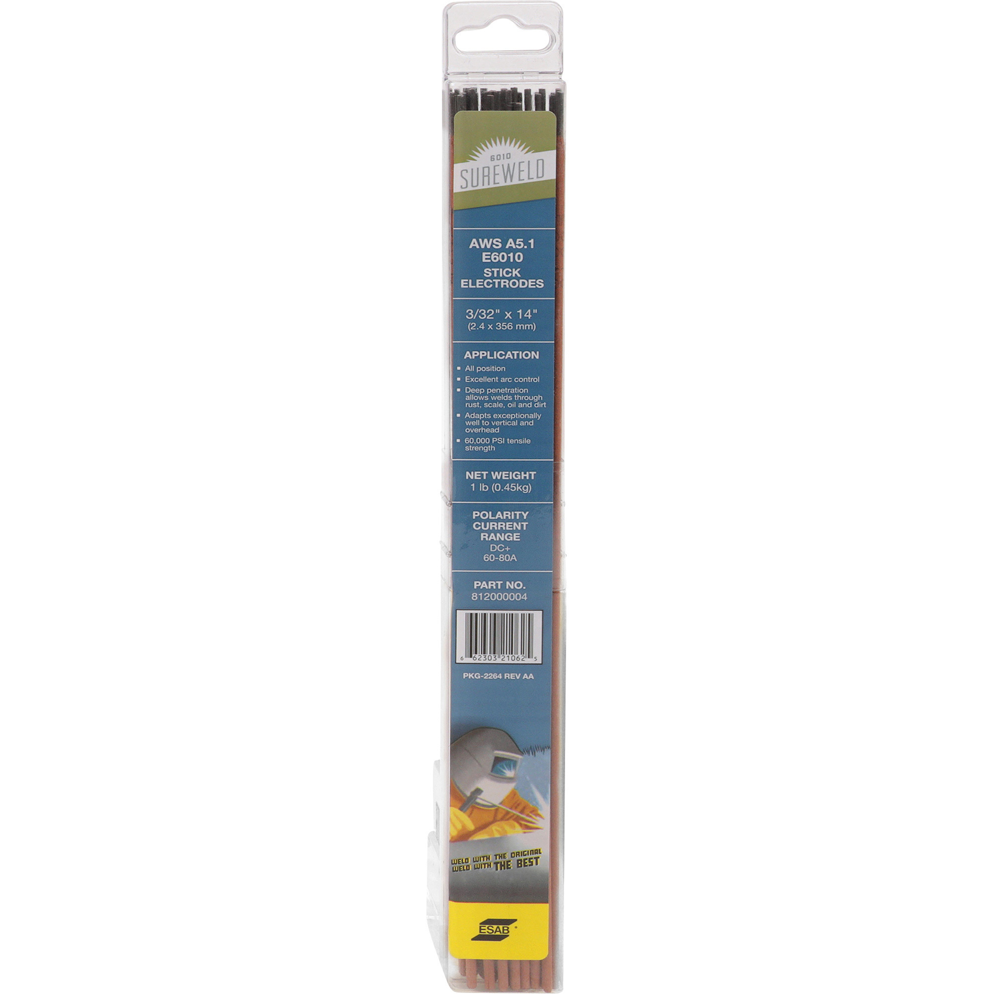 ESAB Sureweld E6010 Stick Electrodes, 3/32in. Dia. x 14in.L, 1-Lb. Pkg., Model# 812000004